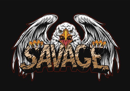 Aggressive eagle holding desert Savage word