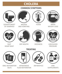 Symptoms and methods of treating cholera. Vector illustration, flat icons. - 330789748