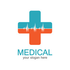Medical logotype. Pharmacy colored plus cross in a soft shape. Tests, pharmaceutical sign with cardio scheme. Help and health care symbol. Branding identity with cross shape elements.