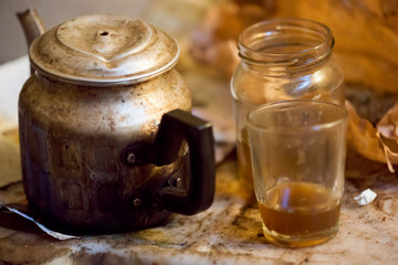 Moroccan tea with kettle, fishing boat, Essaouira 