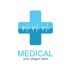 Medical logotype. Pharmacy colored plus cross in a soft shape. Tests, pharmaceutical sign with cardio scheme. Help and health care symbol. Branding identity with cross shape elements.