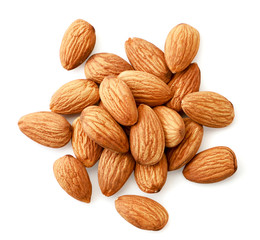 Pile of almonds nuts on a white background. The view from the top