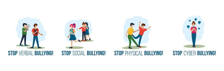 Stop verbal social physical cyber bullying set vector illustration. Encouragement quotes cartoon design. Swearword violence and harassment concept. Isolated on white background