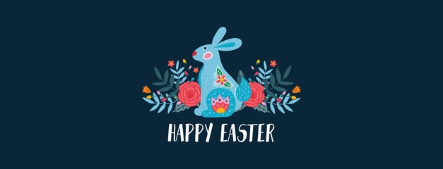 Happy easter greeting card or banner with bunny vector illustration. Blue rabbit with floral decorations flat style design. Handwritten lettering. Spring holiday concept
