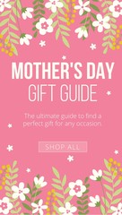 Mothers day gift guide banner on pink backdrop vector illustration. Perfect present for any occasion with floral decorations flat style design. Feminine celebration concept