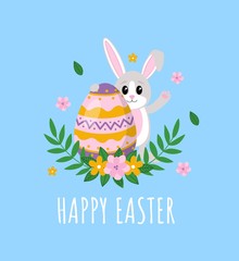 Happy easter card with cute rabbit holding egg vector illustration. Festive colourful hare and handwritten text cartoon design. Spring holiday concept. Isolated on blue
