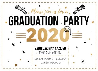 Graduation party invitation design template vector illustration. Decorated with stars paper and information about place, time flat style. Traditional ceremony about finish education concept