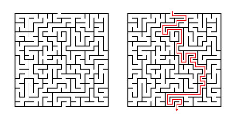 Vector Square Maze - Labyrinth with Included Solution in Black & Red. Funny & Educational Mind Game for Coordination, Problems Solving, Decision Making Skills Test.