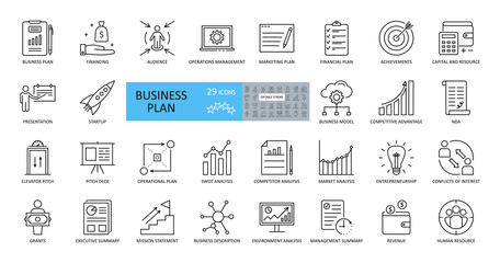 Vector business plan icons. Set of 29 images with editable stroke. Includes planning, financing, grant, audience, presentation, marketing, SWOT analysis, startup, conflict of interest, elevator pitch