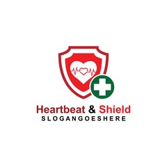 Shield, Heart beat pulse and cross Coloured green Logo Template Design vector for Business medical, Emblem, Design concept, Creative Symbol, Icon