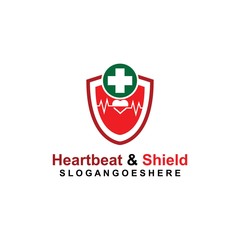 Shield, Heart beat pulse and cross Coloured green Logo Template Design vector for Business medical, Emblem, Design concept, Creative Symbol, Icon