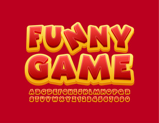 Vector bright poster Funny Game with Red and Yellow Font. Alphabet Letters and Numbers for Kids