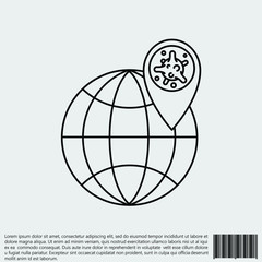 Virus, bacteria, map pointer and globe line, linear icon, symbol, sign. coronavirus, COVID-19 icon, logo black on white background. 2019-ncov