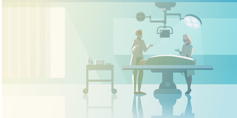 Surgeon operates Patient in the operating room with Doctor Assistant Flat vector illustration. Medical Clinic interior collection.