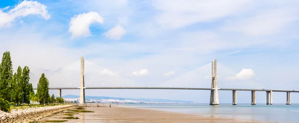 Vasco da Gama bridge, a cable stayed bridge flanked by viaducts and rangeviews that spans the Tagus River in Lisbon, Portugal