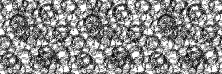 Vector seamless pattern, thread texture, scribble lines black and white background, scratch circles, monochrome.