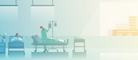 Doctor Nurse in medical ward with Patients on medical beds Flat vector illustration. Medical Clinic Hospital interior collection.