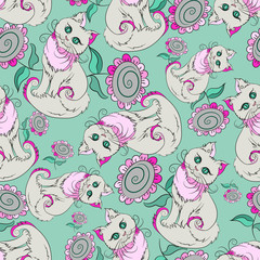 Seamless pattern with gray fluffy cats on green background with pink original colors. Suitable for children's fabrics, tableware and clothing.