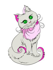 Fluffy grey cat with green eyes.Cartoon character for kids.Print for children's clothing, cards.
