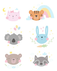 Print for Baby Shower Invitation. Hand drawn cute print with cat, tiger, koala, raccoon, bunny, rabbit, bear. Print for Baby Shower Invitation