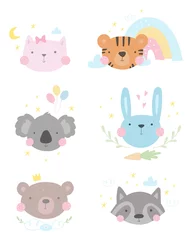 Rolgordijnen Speelgoed Afdrukken voor baby shower uitnodiging. Handgetekende schattige print met kat, tijger, koala, wasbeer, konijn, konijn, beer. Afdrukken voor baby showeruitnodiging