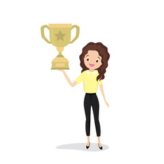 European businesswoman or clerk with cup on hand,winner or leader female character