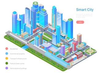 Smart City Megalopolis Skyscraper Isometric flat vector illustration infographics.