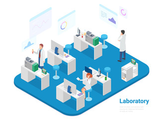Isometric Laboratory Chemistry Medical Virus Lab flat vector illustration. People Scientists working sitting standing with vaccine from virus