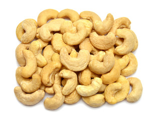 Cashew nuts isolated on white background. Perfectly retouched, full depth of field on the photo. Top view, flat lay