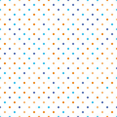 Seamless polka dot pattern. Orange and blue dots in random sizes on white background. Vector illustration