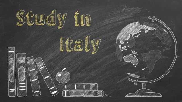 Lettering "Study in Italy", rotating globe and school books are drawn with chalk on a blackboard. Study abroad concept.