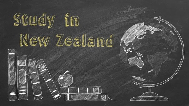 Lettering "Study in New Zealand", rotating globe and school books are drawn with chalk on a blackboard. Study abroad concept.