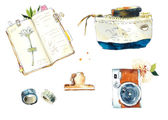 Travel. Photos and finds from travel. Preksrasny memoirs! Set of trevelbook. Watercolor hand drawn illustration	 - 330802354