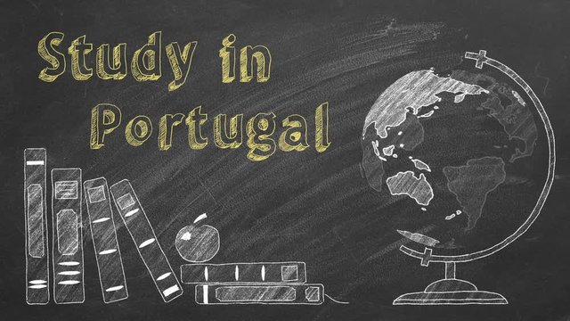 Lettering "Study in Portugal", rotating globe and school books are drawn with chalk on a blackboard. Study abroad concept.