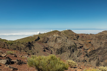 Fototapeta na wymiar Roque de los Muchachos Observatory is an astronomical observatory located in the island of La Palma in the Canary Islands. Observatory at Caldera De Taburiente. Science and technology travel card