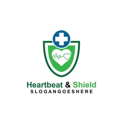 Shield, Heartbeat pulse and cross Coloured blue Logo Template Design vector for Business medical, Emblem, Design concept, Creative Symbol, Icon