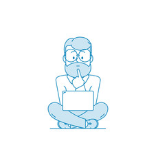 Man works on a laptop. Male is sitting cross-legged with a gesture of thinking or thinking. Character man with glasses and a beard. Illustration in line art style. Vector