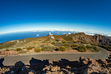 Super wide panorama of Roque de los Muchachos Observatory located in the island of La Palma in the Canary Islands. Observatory at Caldera De Taburiente. Science and technology