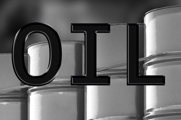 Oil. Oil logo on the background of barrels. Barrels of gasoline are nearby. Concept- oil refining...