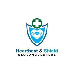 Shield, Heartbeat pulse and cross Coloured Green Logo Template Design vector for Business medical, Emblem, Design concept, Creative Symbol, Icon