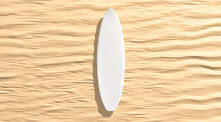 Blank white surfboarf lying on sand mockup, top view