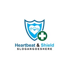 Obraz premium Shield, Heartbeat pulse and cross Coloured Green Logo Template Design vector for Business medical, Emblem, Design concept, Creative Symbol, Icon