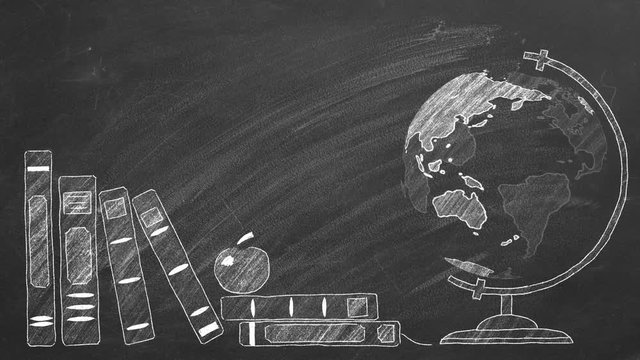 Rotating globe and school books are drawn with chalk on a blackboard.