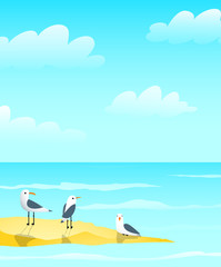 Marine ocean and seagulls on sandbank design, waves and clouds nautical blue greeting card background design.