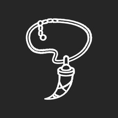 Necklace with animal tooth chalk white icon on black background. Magic amulet in boho style. Tribal and ethnic jewelry. Pendant with canine. Isolated vector chalkboard illustration