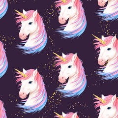 Vector seamless pattern with cute white unicorn © olga_igorevna