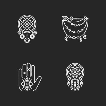Accessories in boho style chalk white icons set on black background. Palmistry, witchcraft and esoteric amulet. Dreamcatcher, hand and all seeing eye talisman. Isolated vector chalkboard illustrations