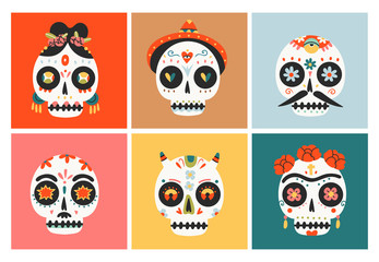 Set of six Sugar Sculls. Fancy skeleton heads. Various ornaments. Hand Drawn Vector illustration. Mexican Day of the Dead. Dia de los muertos. Halloween decoration. All elements are isolated
