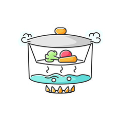 Steaming RGB color icon. Cooking food on vapor over boiling water. Meal preparation method, culinary technique. Steamer with vegetables isolated vector illustration