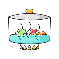 Stewing RGB color icon. Delicious gravy, goulash preparation process. Cooking method, culinary technique. Pan with meat and vegetables isolated vector illustration